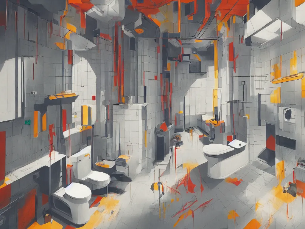 Image similar to colorful minimalist industrial interior toilet with monolithic stalls in the style of ridley scott and stanley kubrick, impossible stijl architecture, science fiction, cyberpunk, ultra wide angle view, cinematic lighting, realistic detailed painting by edward hopper