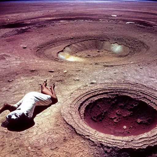 Image similar to a person laying in a huge crater. their body twisted unnaturally, spaceship wreckage in background. ap photograph 1 9 8 5