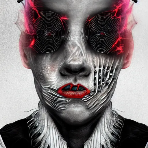Prompt: full face close up portrait, punks not dead so let's party harder, headbang till your brain bleeds, by igor morski, by roger dean, by laurie lipton, in a cyber - punk ally, cinematic lighting, volumetric lighting, neosurrealism, realistic shadows, particle effects, rendered in octane, punk, electric, cosmic, cybernetic