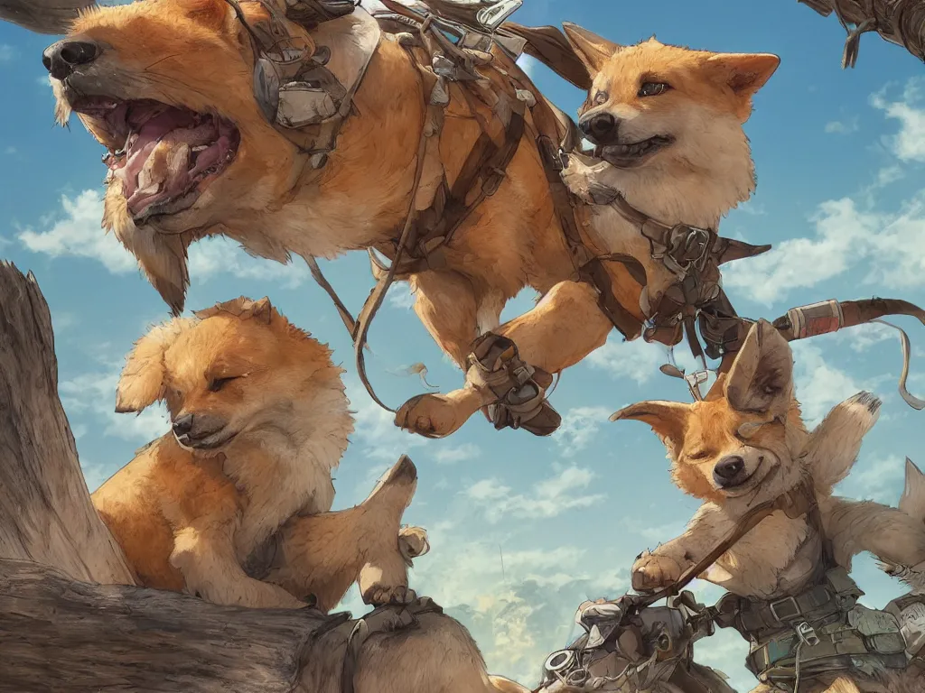 Image similar to stylized character concept art of the small cute dingo dog in the australia outback, hidari, color page, tankoban, 4 k, tone mapping, akihiko yoshida, clean bright happy adventure