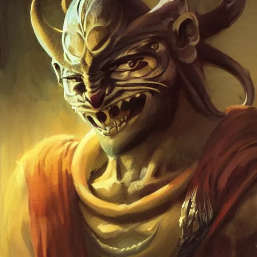 Image similar to head and shoulders portrait of a rakshasa, d & d, fantasy, greg rutkowski, frank frazetta, alexandre chaudret, boris vallejo, michael whelan, miro petrov, hr giger, magali villeneuve, donato giancola