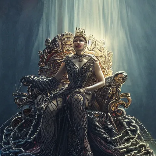 Image similar to a queen is sitting on her throne dressed in chains, beautiful highly detailed face, complementary lighting, backlit, black eyeshadow, grinning, adventure, dramatic lighting, landscape background, beautiful painting by artgerm and greg rutkowski and raymond swanland