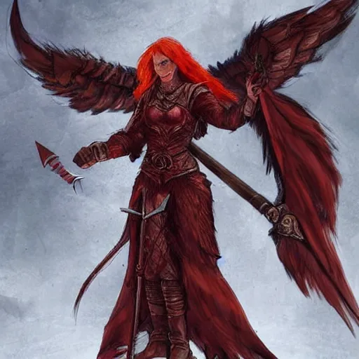 Image similar to a battle ready red haired valkyrie with gargoyle wings and a fiery sword, fantasy concept art