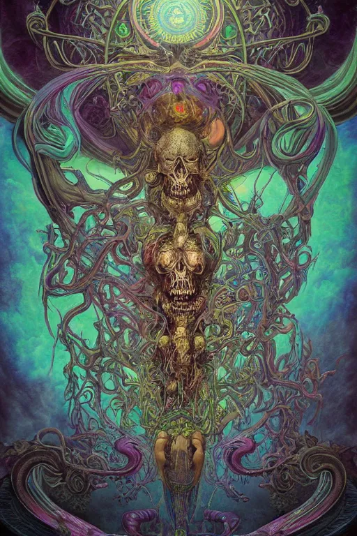 Prompt: gigantic psychedelic demonic cosmic skull, alien tentacles, fantasy painting, mandala, ultra realistic, wide angle, art nouveau, intricate details, ink illustration, rainbowshift, vivid colors, highly detailed by peter mohrbacher, h. r. giger, maxfield parrish, gustave dore, craig mullins, octane render, cgi