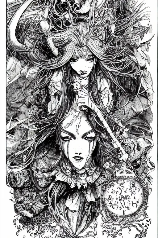 Image similar to Angry Alice in wonderland tarot card , pen and ink, intricate line drawings, by Yoshitaka Amano, Ruan Jia, Kentaro Miura, Artgerm, watercolor