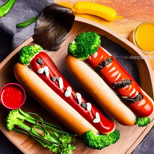 Image similar to photo shoot portrait of a delicious hot dog with broccoli and sardines, mustard, ketchup, detailed, uhd, 8k,