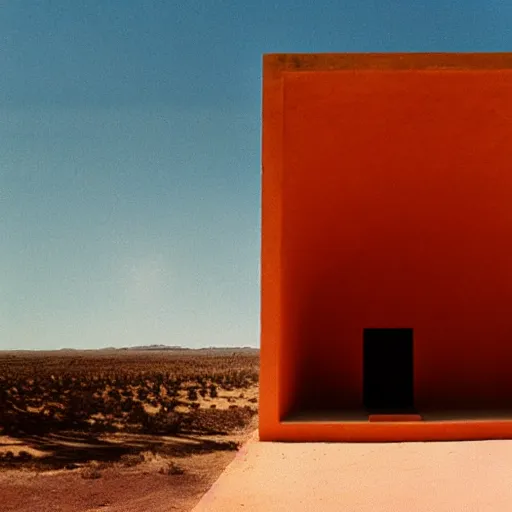 Image similar to lustful woman standing outside a Non-Euclidean orb-like clay house sitting in the desert and looking at her phone, vintage photo, beautiful cinematography, blue sky, film grain, James Turrell