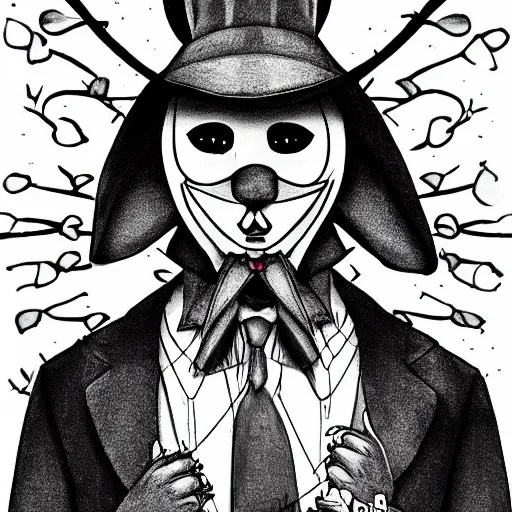 Image similar to a detailed portrait of a creepy bunny from a cult wearing an anonymous guy fawkes mask dressed in a suit having dark eyes, epic, cinematic, very detailed, creepy, horror, dreamscape