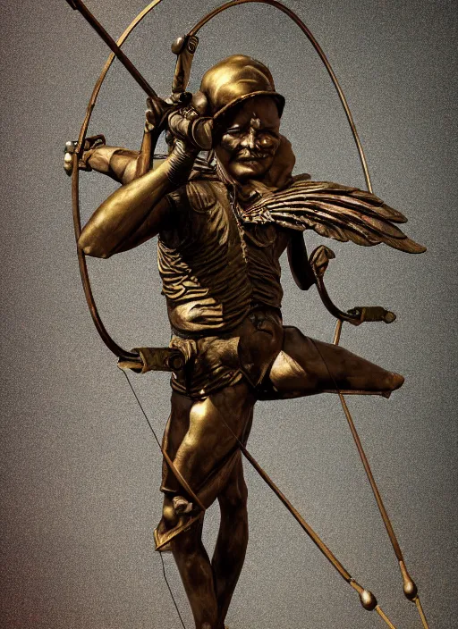 Prompt: An epic fantastic realism comic book style portrait painting of a distressed bronze archery sculpture from the future by Stanislaw Szukalski, gilded colorful marbled paper background, winged archer, fisheye lens, unreal 5, DAZ, hyperrealistic, octane render, dynamic lighting