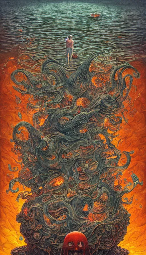 Prompt: man on boat crossing a body of water in hell with creatures in the water, sea of souls, by naoto hattori