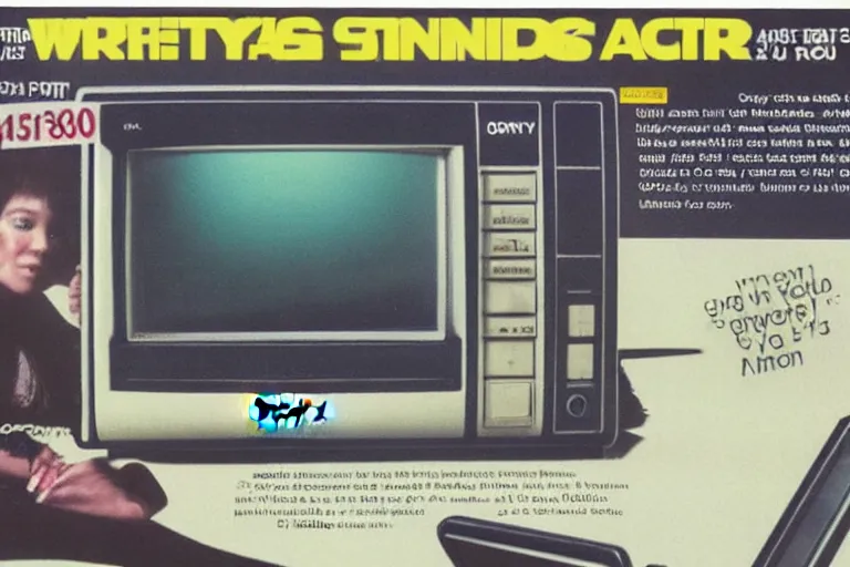 Image similar to crt Sony 20 inches, 1983 TV, magazine page advertising, award winning ad, 80s style