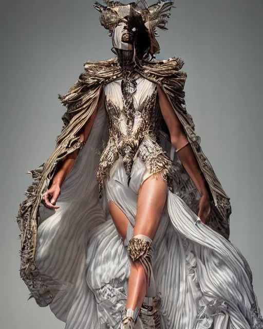 Image similar to fashion model walking down a catwalk, elaborate dress by alexander mcqueen, beautiful feminine face, art by michael whelan and chris moore and howard david johnson and tim white and dan giancola, sigma 8 5 mm f 1 6