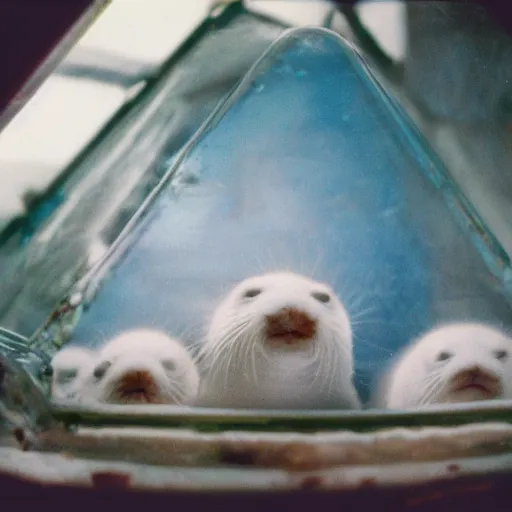 Prompt: a photo of a terrarium containing baby harp seals, located in a rundown condo from 1996, 15mm, Kodachrome