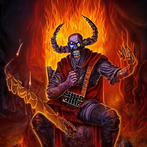 Image similar to Diablo, the lord of destruction, playing electrical guitar in hell for a crowd of skeletons. Digital painting. Realistic