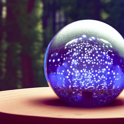 Image similar to realistic arcane magical sphere filled with bubbles on top of a wooden table, a raytraced image of an intricate fascinating orb by filip hodas, mike winkelmann, daniel mijtens, trending on cgsociety, photorealism, vray tracing, rendered in unreal engine, ray tracing