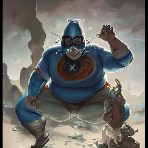 Image similar to an insanely detailed painting of a chubby nerdy asian man wearing a homemade superhero costume and mask, sitting at a computer desk typing on the keyboard, in the style of peter mohrbacher, dramatic lighting and composition, trending on artstation, concept art, comic book, graphic novel, back view