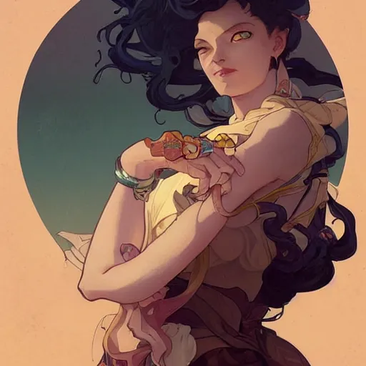 Prompt: Beautiful portrait of a beautiful woman, character concept art, by Peter Mohrbacher and Alphonse Mucha and Akira Toriyama and Miyazaki and Shinkai Makoto