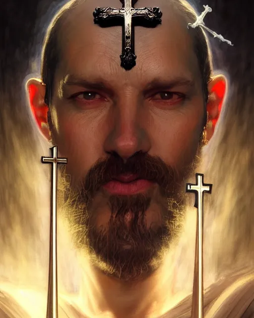 Image similar to realistic portrait of a nasty bishop, inverted cross, evil, heroic pose, beautiful face, bible, full body, dramatic lighting, intricate, wild, highly detailed, digital painting, artstation, concept art, smooth, sharp focus, illustration, art by artgerm and greg rutkowski and alphonse mucha, footage from space camera