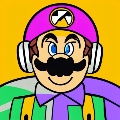 Image similar to a Supermario-Waluigi, svg sticker, vector art, wearing headphones, jamming to music