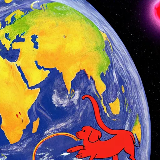 Image similar to clifford the big red dog wrapping around the earth like oroborous like a gigantic snake