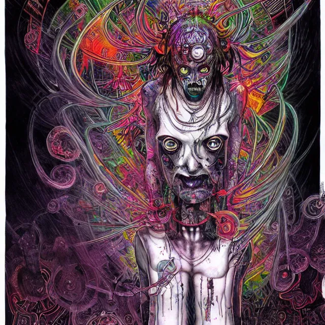 Prompt: symmetrical complex fine detailed, black ink & copic markers, spiritual horror lsd art in vibrant muted colors, disturbing grunge still of a solomonic demon infested cashier at wallmart, by arthur adams, by tom bagshaw, by henry asencio, by kikuchi hideyuki