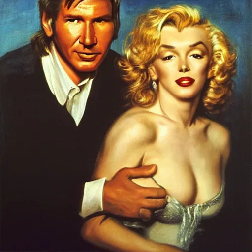 Image similar to a beautiful portrait of Harrison ford and his secretary Marilyn Monroe with long golden blond curly hair gazing warmly at the viewer, golden hour, cool tones, pale skin, by Peter Paul Rubens