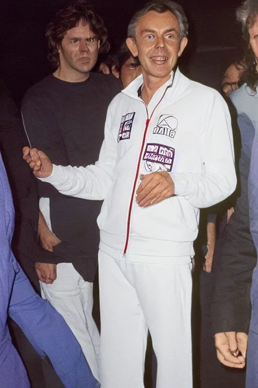 Image similar to Tony Blair with a mullet hair style, dressed in white 1980s tracksuit and trainers, standing outside a nightclub