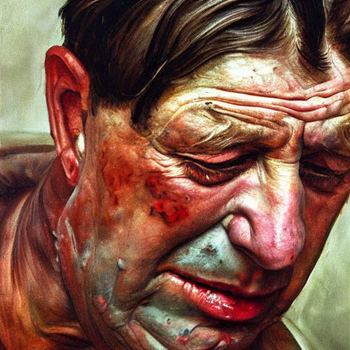 Prompt: high quality high detail painting by lucian freud, hd, man crying blood, pastel colors, photorealistic lighting