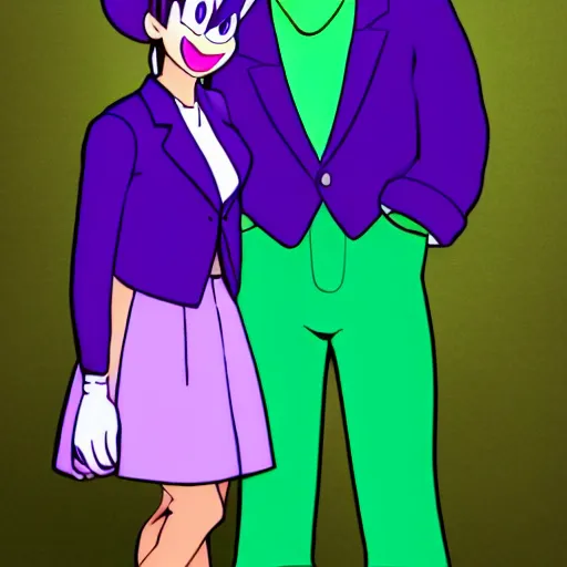 Image similar to anthropomorphic light green yoshi wearing a purple jacket, black shirt, purple skirt, purple heels, nintendo