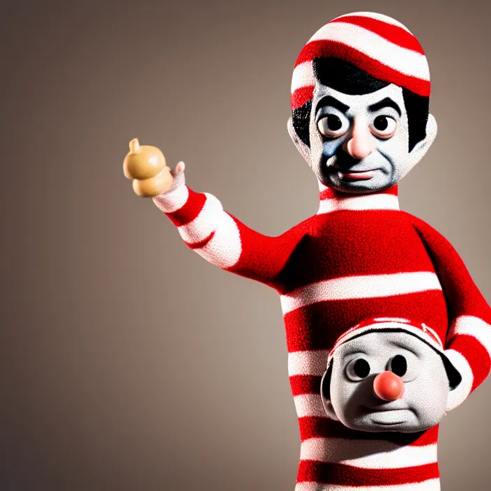 Image similar to high quality photoshoot of mr. bean in the role of waldo from where's waldo, surreal, light shining through, hyper - realistic, highly detailed, sharp focus, smooth, intricate, octane render