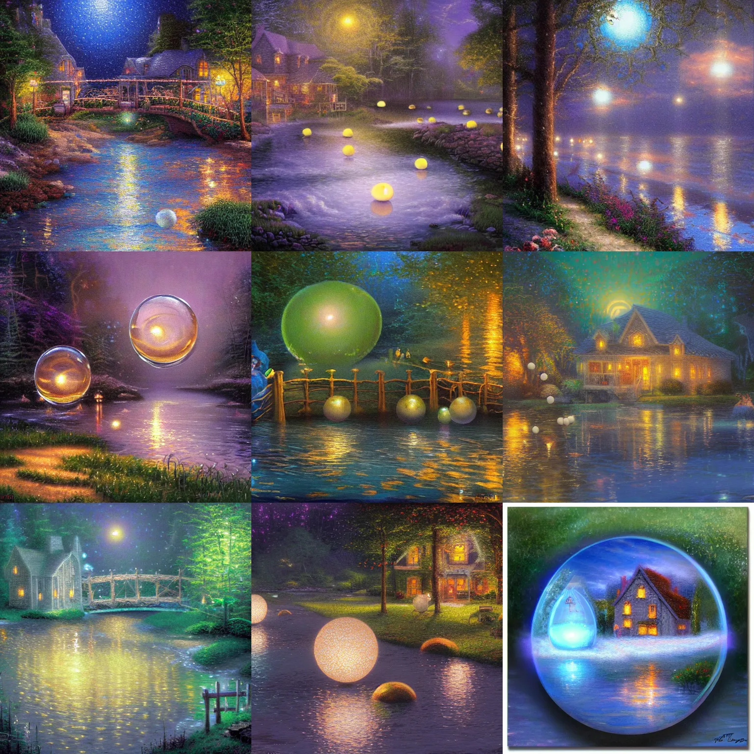 Prompt: glowing glass orbs floating down a river, evocative, mystical night, detailed, award winning, trending on artstatioon artwork by Thomas Kinkade,