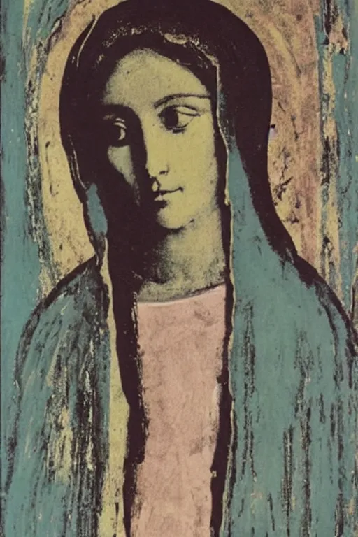 Image similar to virgin mary of lourdes painted by cy twombly and andy warhol