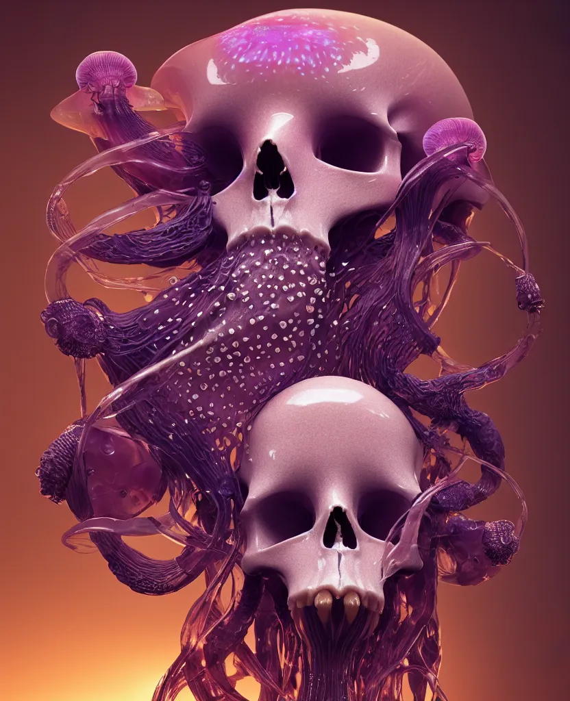 Image similar to goddess close-up portrait animal skull. jellyfish phoenix head, nautilus, orchid, skull, betta fish, bioluminiscent creatures, intricate artwork by Tooth Wu and wlop and beeple. octane render, trending on artstation, greg rutkowski very coherent symmetrical artwork. cinematic, hyper realism, high detail, octane render, 8k