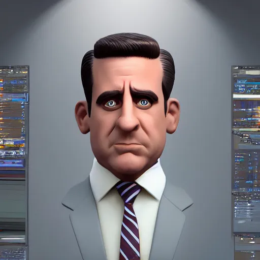 Prompt: hyperdetailed 3 d cartoon render of michael scott in a confident expressive pose, cartoon eyes!!!!! cute cartoon style, white background, low angle shot, cinematic studio lighting, studio quality, octane render, unreal engine 5, trending on artstation, 8 k