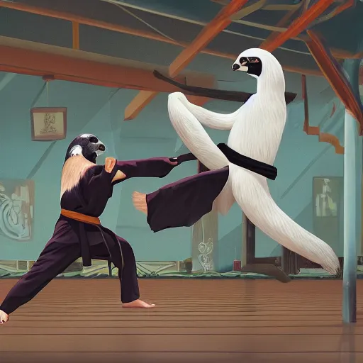 Prompt: sloth fighting a pigeon kung fu style s in a dojo, facing each other, aggressive sloth vs a muscled pigeon, best photo award, high quality 8 k, cinematic lighting, painting by kusama