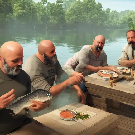 Image similar to a group of middle aged male men, eating fish, hyperrealistic, 4k, unreal engine