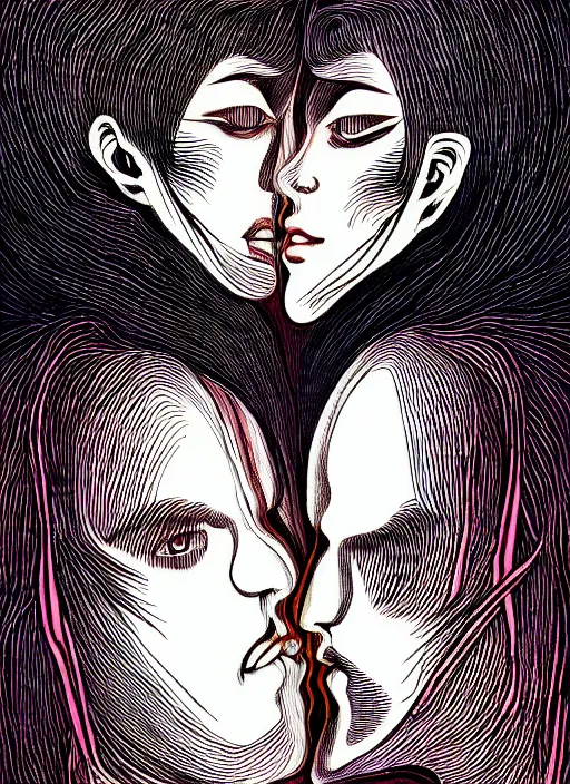 Image similar to 1 px color ink art by junji ito, perfectly centered symmetrical balanced male and female portrait of man and woman in love sharing one heart. high coherence ; fractal geometrical 8 k ultra hd