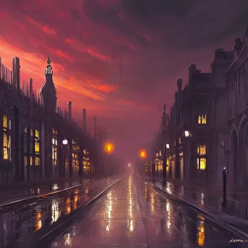 Image similar to a beautiful artwork painting of a mothership above rainy victorian london at sunset, by andreas rocha, featured on artstation