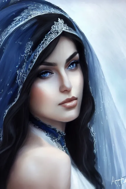 Image similar to Ameera al-Taweel, blue eyes, long wavy black hair, fierce look, white veil, closeup, focus face, elegant, highly detailed, centered, digital painting, artstation, concept art, art by artgerm