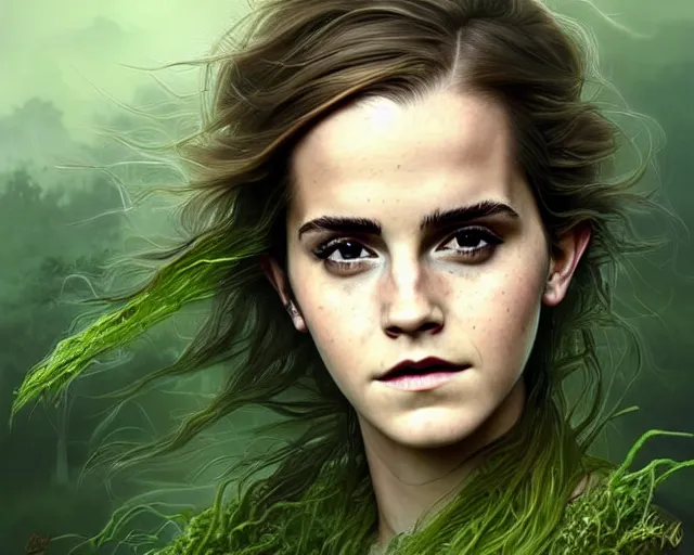 Prompt: mindblowing portrait of emma watson as a swamp witch, green colored skin!!, messy hair, deep focus, d & d, fantasy, intricate, elegant, highly detailed, digital painting, artstation, concept art, matte, sharp, illustration, hearthstone, art by artgerm and greg rutkowski and alphonse mucha