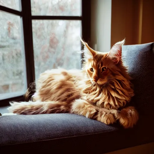 Image similar to portrait cream color maine coon cat curled up, bay window sofa, 8K, 4K, by Antoine Blanchard, oversaturated lens flair, bokeh, sunbeam