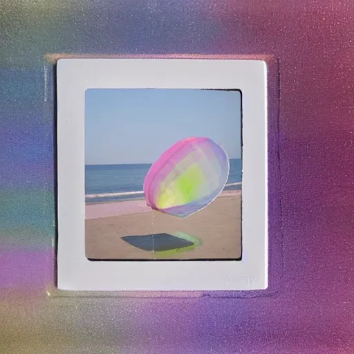 Image similar to a pastel colour high fidelity closeup Polaroid art photo from a holiday album at a seaside with abstract inflatable parachute furniture, all objects made of transparent iridescent Perspex and metallic silver, iridescence, nostalgic