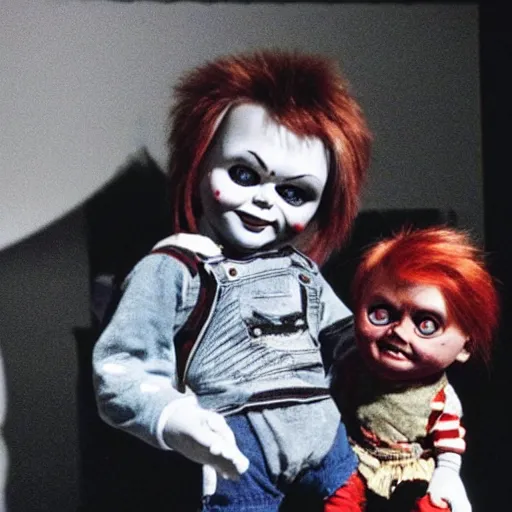 Prompt: lars klevberg holding the doll of chucky on the filmset. behind the scenes photo