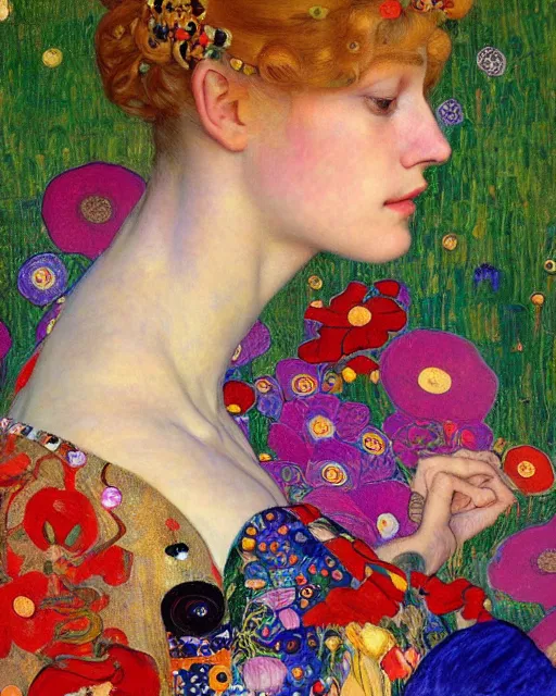 Prompt: a beautiful blonde girl in a colourful dress with surrounded by colourful patterns and flowers, by gustave klimt and edgar maxence and caravaggio and michael whelan, artistic, intricate drawing, light brazen, realistic fantasy, extremely detailed and beautiful aesthetic face, 8 k resolution, dramatic lighting