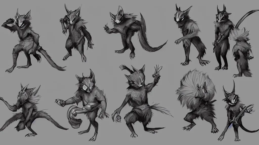 Prompt: a fantasy racoon thief creature design sheet, trending on artstation