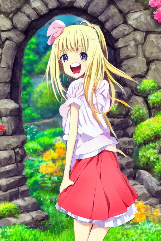 Prompt: a very cute art of a smiling blonde anime girl idol wearing a colorful dress walking at the garden, in the style of anime, near a stone gate