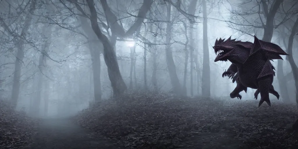 Prompt: real life pokemons, creepy!!!, scaly!!!, gritty!!!, menacing!!!, evil, ultra realistic, gritty, morning, fog, volumetric lighting, sharp focus