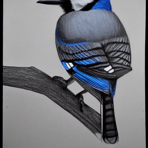 Prompt: charcoal drawing of a blue jay
