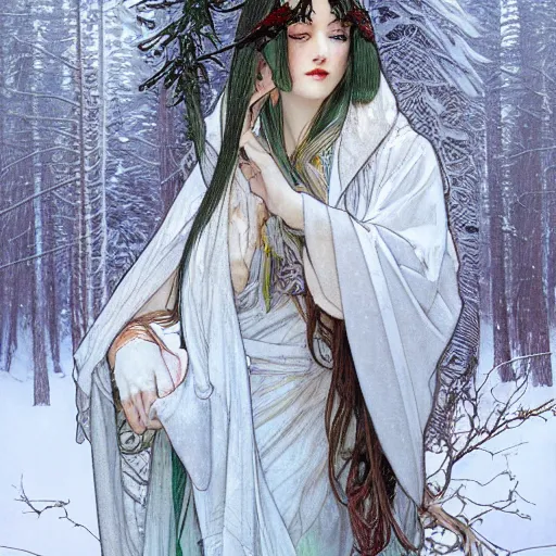 Prompt: realistic detailed face portrait of Yuki-Onna among snowy pine trees by Alphonse Mucha, Ayami Kojima, Amano, Charlie Bowater, Karol Bak, Greg Hildebrandt, Jean Delville, and Mark Brooks, Art Nouveau, Neo-Gothic, gothic, rich deep moody colors