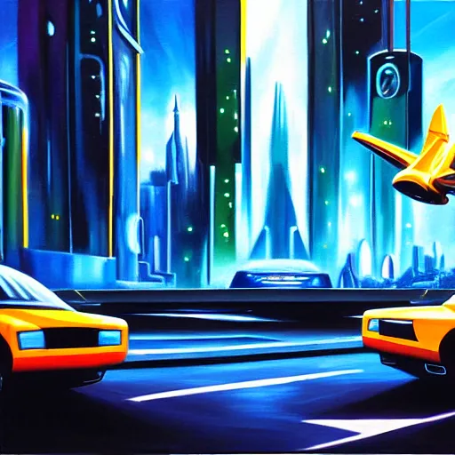 Image similar to flying futuristic taxis in cyberpunk city, oil painting